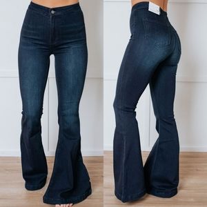 Dark Wash High Waist Rise Flare Bell Bottoms Jeans